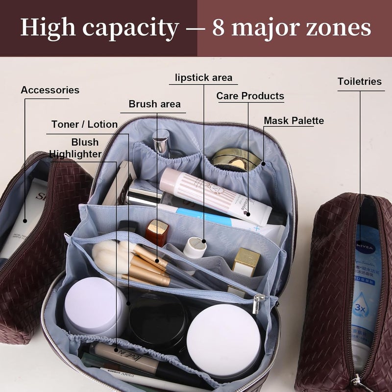 BOYATU Travel Makeup Bag Cosmetic Bags for Women: Large Capacity 3 Pcs Set Make up Bag with Compartments - Waterproof Vegan Leather Toiletry Organizer Bags with Handle (L14 Wine red) - Image 3